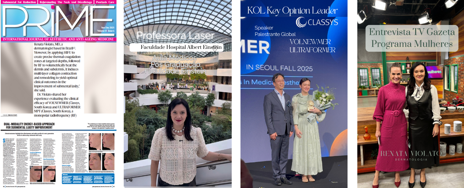 Renata Violato Médica Dermatologista SBD, Global Key Opnion Leader Classys Speaker/Palestrante Ultraformer MPT e Volnewmer. Professora Médicos Pós Graduação Hospital Albert Einsten Lasers.   Diversas Tecnologias na Clínica: Volnewmer, Ultraforme MPT, Laser Chrome, Coolsculpting, Endymed, Aquapure, Hyper Slim, Soprano, Quantificare e mais.